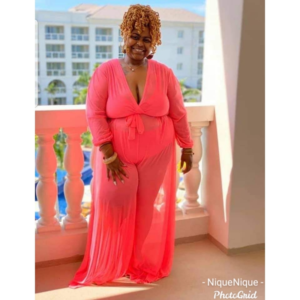 Neon Pink Jumpsuit swim cover up includes 2 piece high waist bikini.  Rue 107